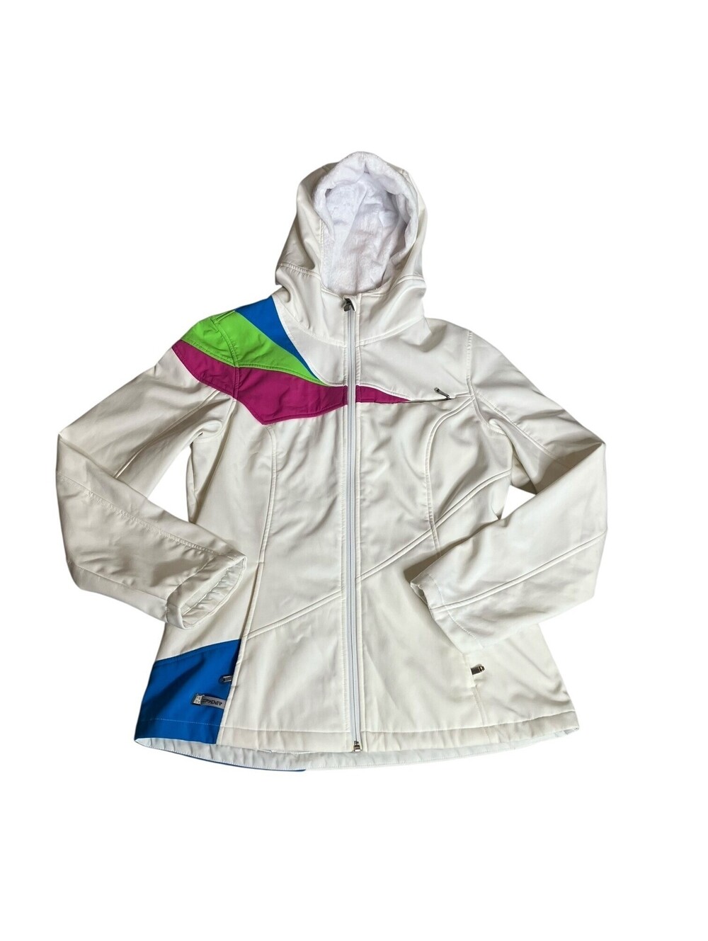Spyder Women’s L White Softshell Jacket Hooded Fleece Lined Colorblock Ski